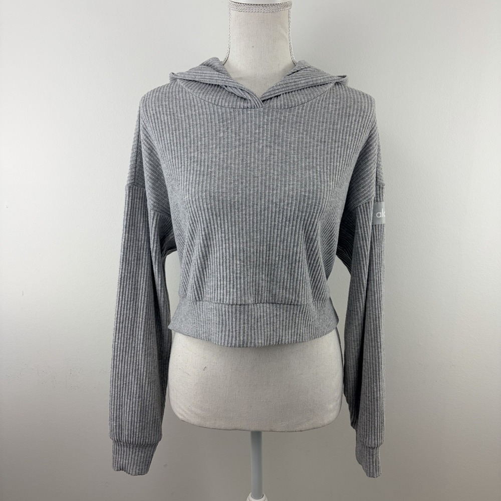 Alo Yoga Women XS Gray Ribbed Cropped Hoodie Long Sleeve Pullover Lounge Top